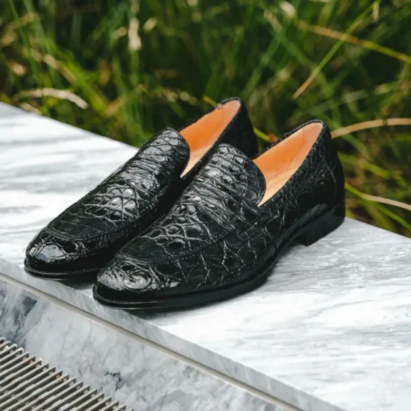 Cheap Zelli Roma Caiman Crocodile Penny Loafers (11-201-BLK) Black