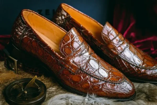 Sale Zelli Roma Caiman Crocodile Penny Loafers (11-201-CGN) Cognac