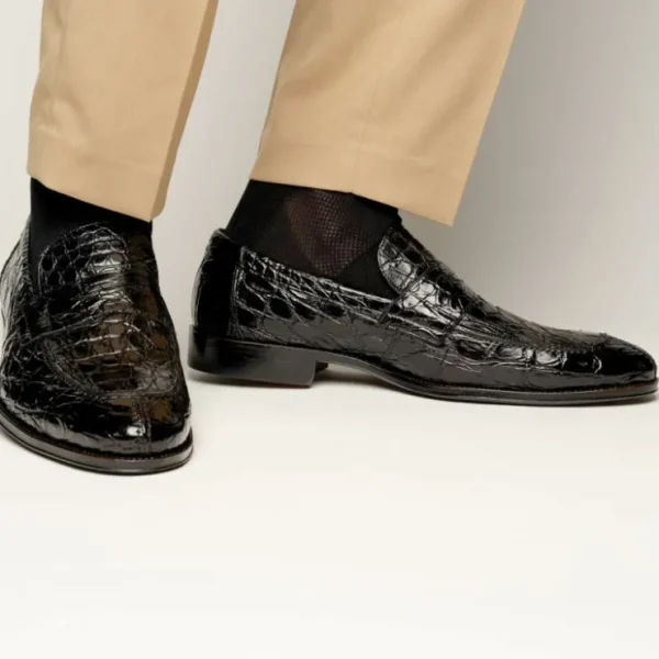 Cheap Zelli Roma Caiman Crocodile Penny Loafers (11-201-BLK) Black