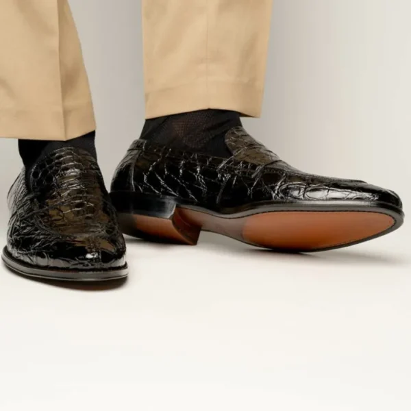 Cheap Zelli Roma Caiman Crocodile Penny Loafers (11-201-BLK) Black