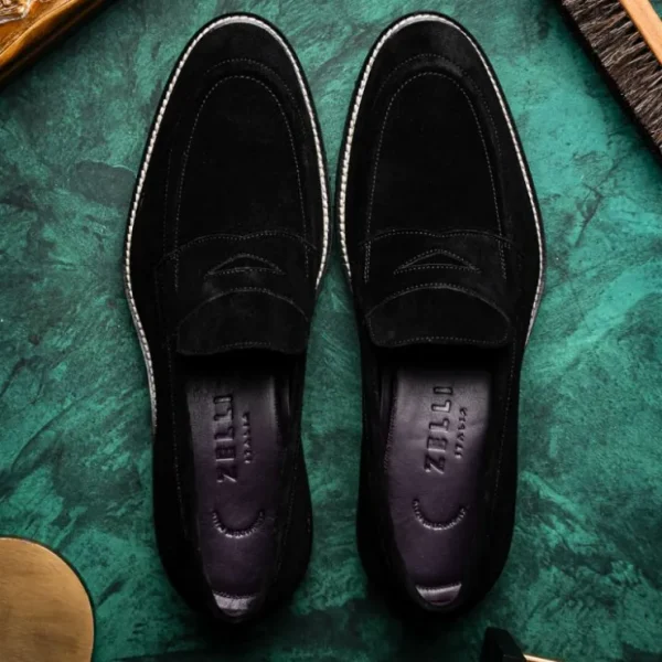 zelli_roma_italian_suede__8.webp Fashion Zelli Roma Italian Suede Penny Loafers (16-657-BLK) Black